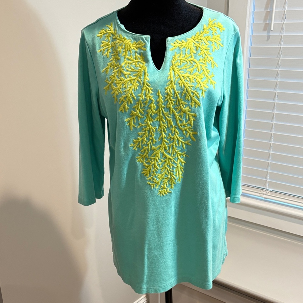 Quacker Factory Turquoise Tunic with Yellow Embroidery